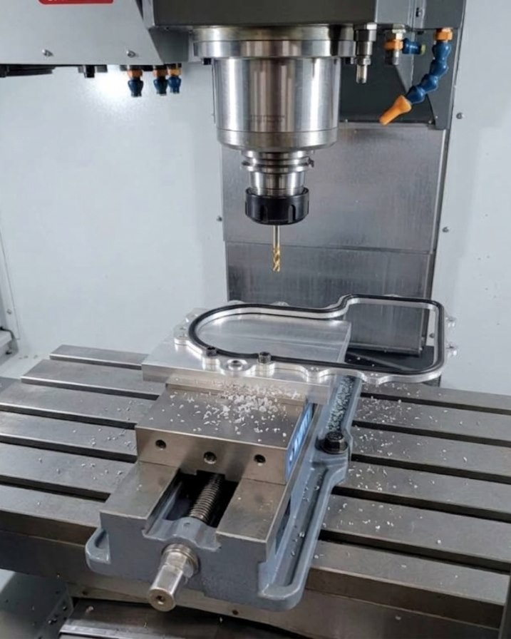 CNC milling a precision component held in a vise, representing industrial mechanical engineering work.