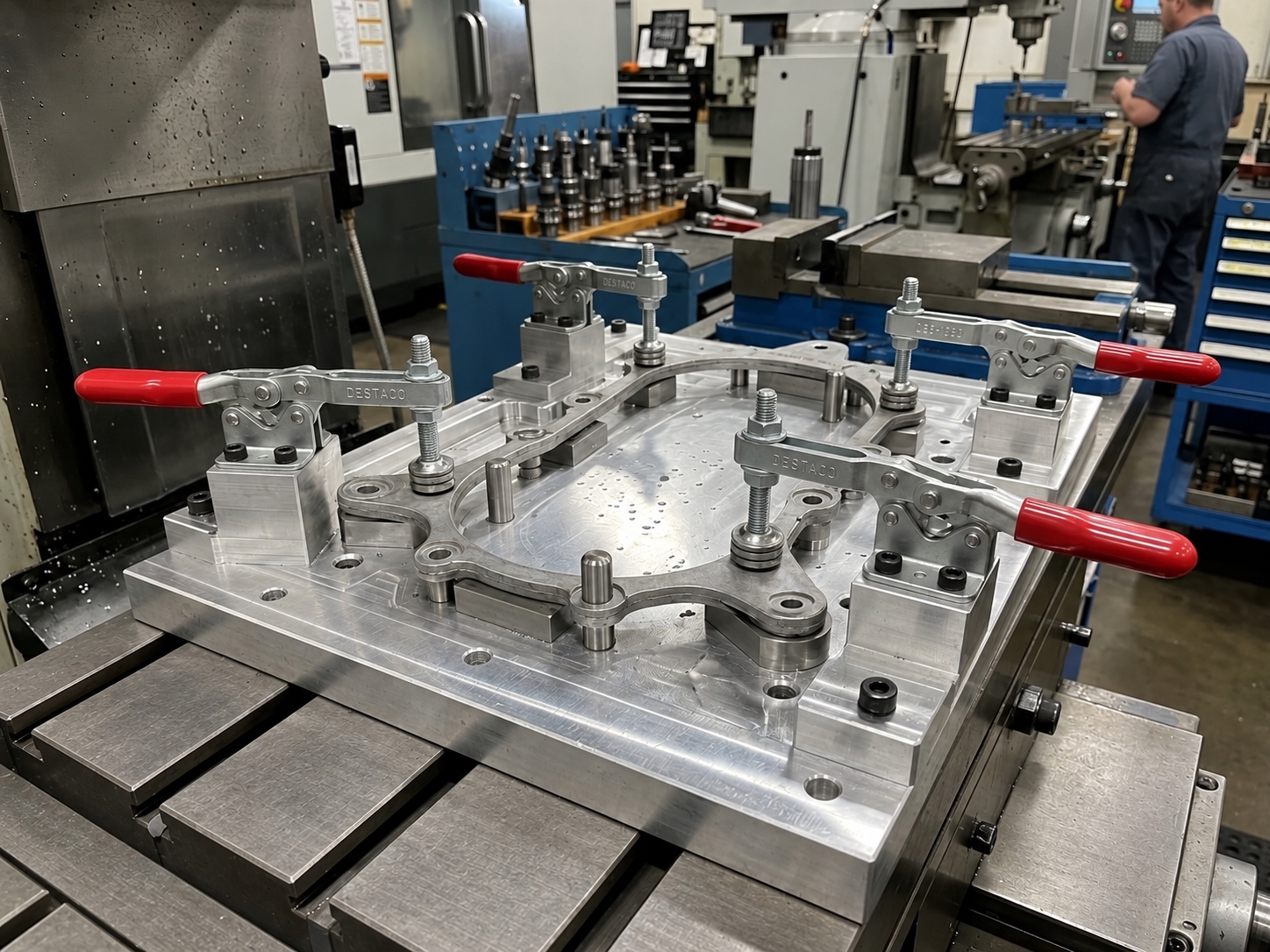Aluminum production machining fixture on a mill table, locating a component with toggle clamps for a machining operation.