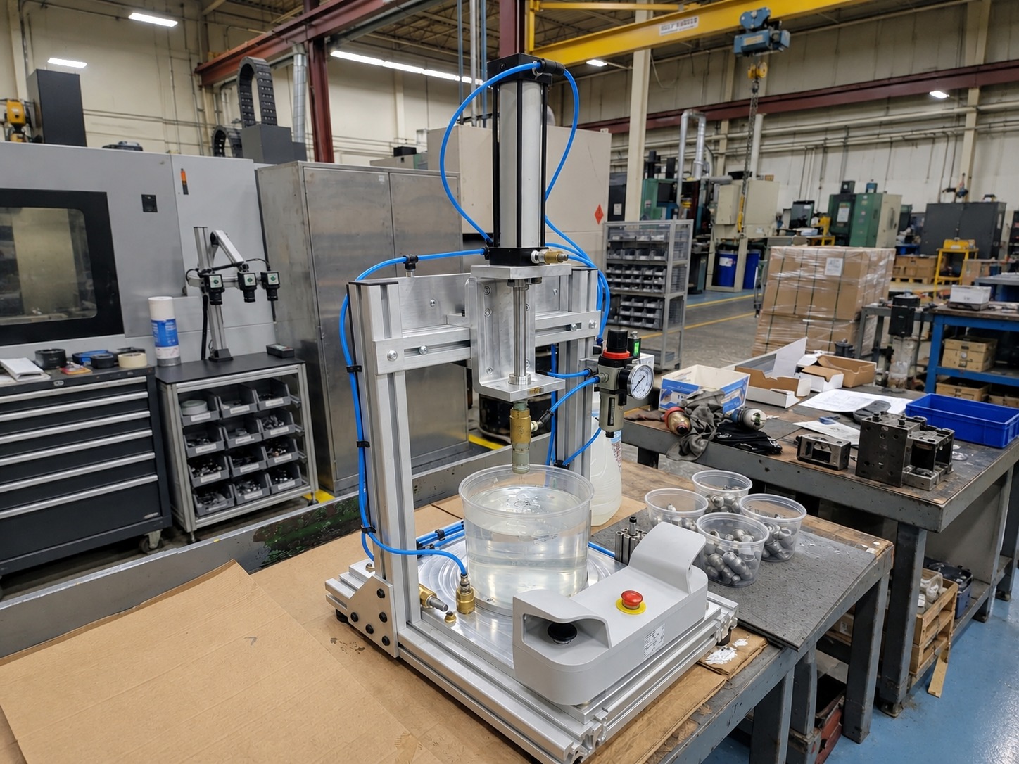 Purpose-built production pressure-test stand with a pneumatic cylinder, water bath, and operator controls on a shop bench.
